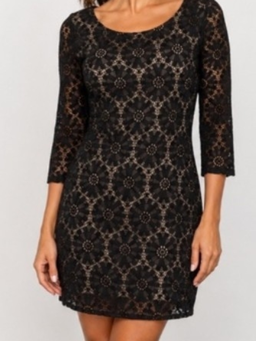 Jessica Howard Size 12P Black Floral Lace 3/4 Sleeve Mini Dress